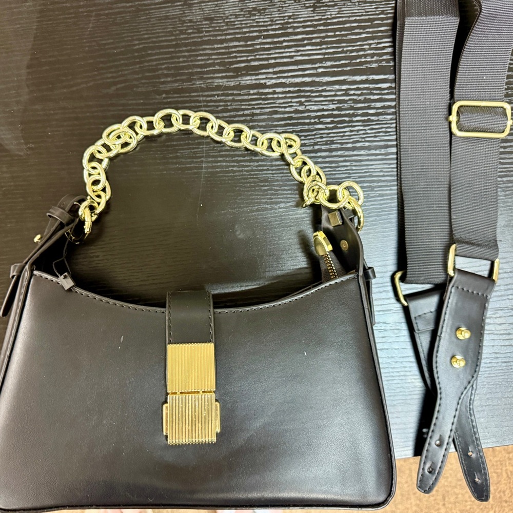 Black Women’s Shoulder Bag with Gold Chain Accent
